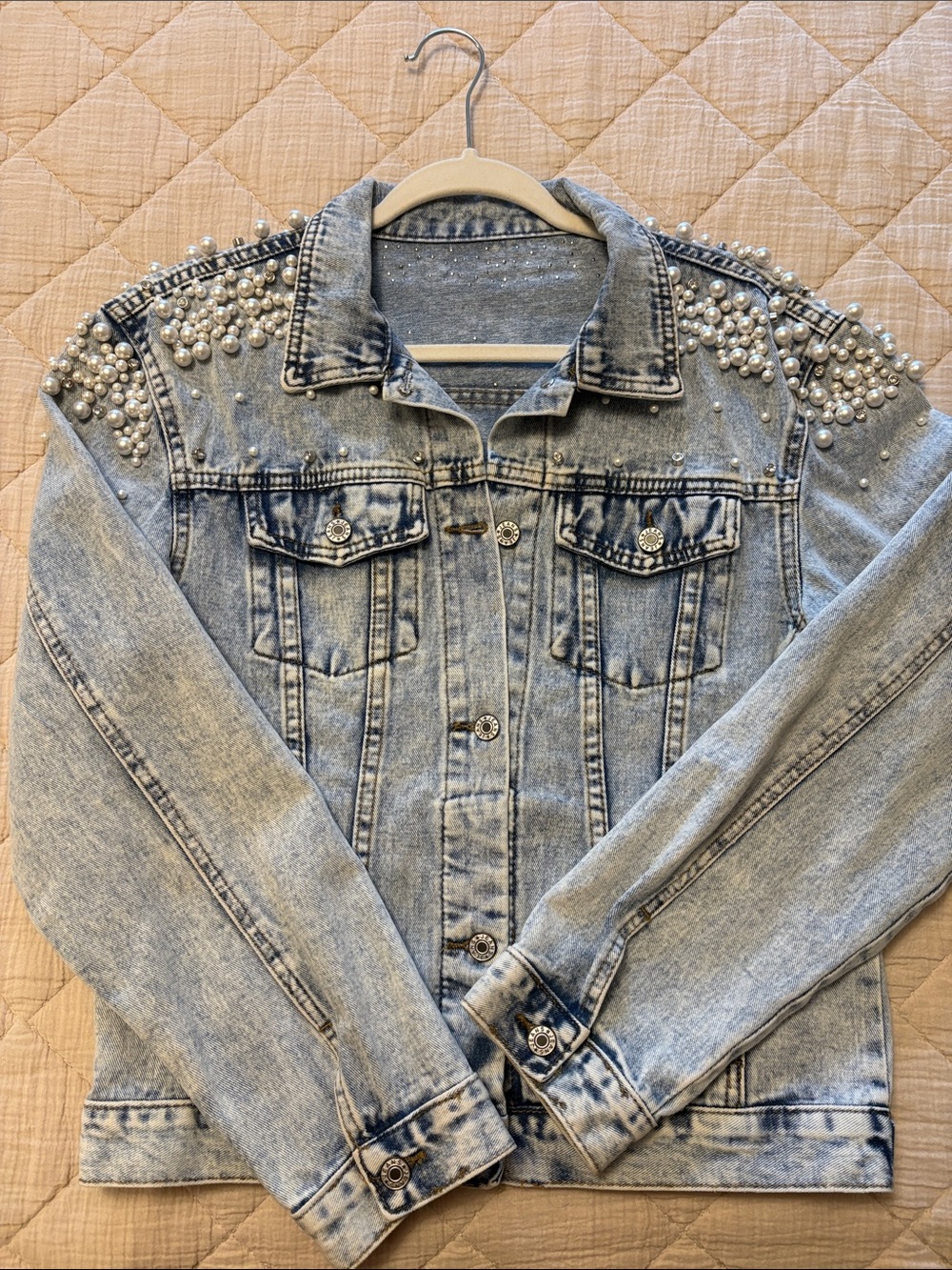 Pearl-Embellished Light Blue Denim Jacket - Women